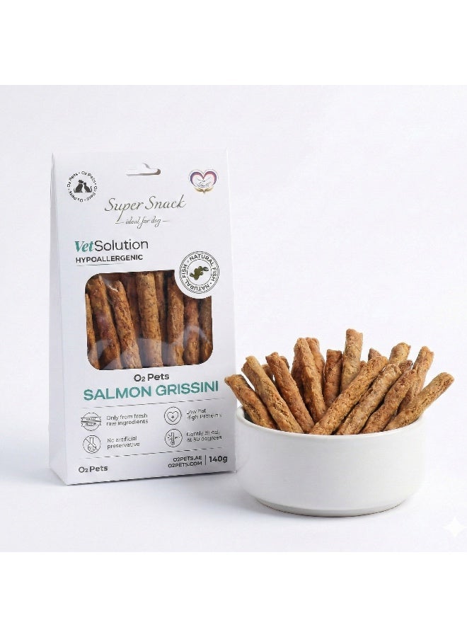 O2Pets Dog and Puppy Salmon Grissini Healthy Treats – 90% Salmon Hypoallergenic Fish Sticks – Skin Barrier Support for Sensitive Skin, Comforting Dryness & Shiny Coat, Gluten-Free Dog Snack 140g - Image 1